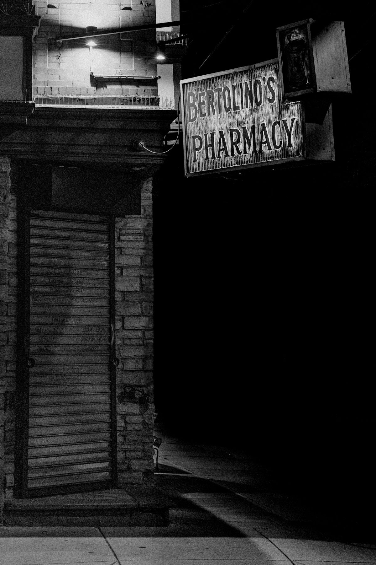 Bertolino's pharmacy, closed for the night.