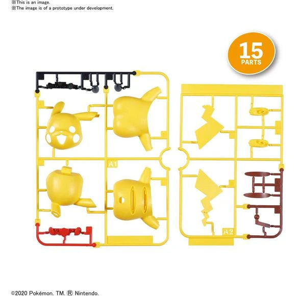 Bandai Hobby Pokémon Pikachu Quick Model Kit 01 with 15 snap-together plastic parts on runners.