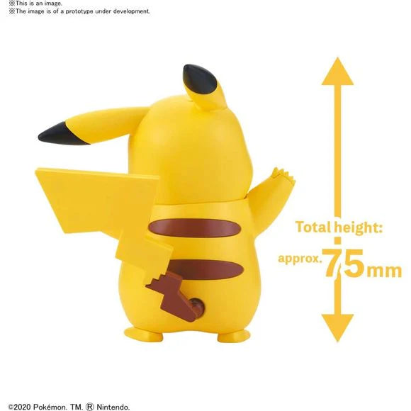 Rear view of the assembled Bandai Pikachu Quick Model Kit 01 measuring approximately 75 mm tall.