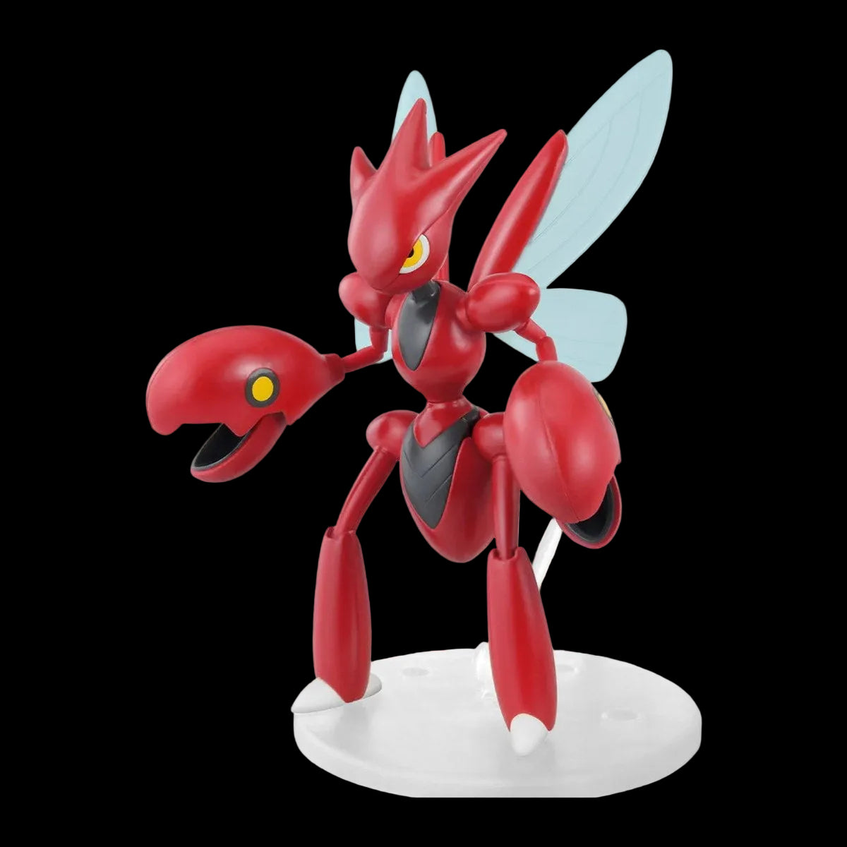 Assembled Bandai Scizor Pokémon Model Kit 55 front pose with articulated claws and clear display base