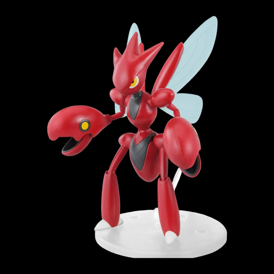 Assembled Bandai Scizor Pokémon Model Kit 55 front pose with articulated claws and clear display base