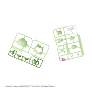 Green, white, and pink plastic runner parts included with the Bandai Sprigatito Pokémon model kit