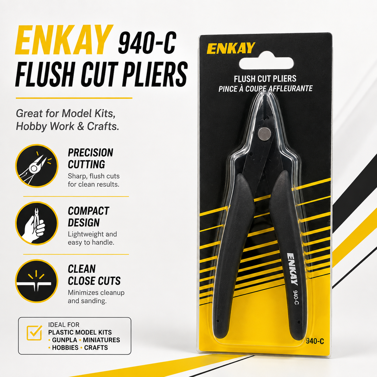Enkay 940-C flush cut pliers in black and yellow packaging with precision cutting features for hobby and model kit work