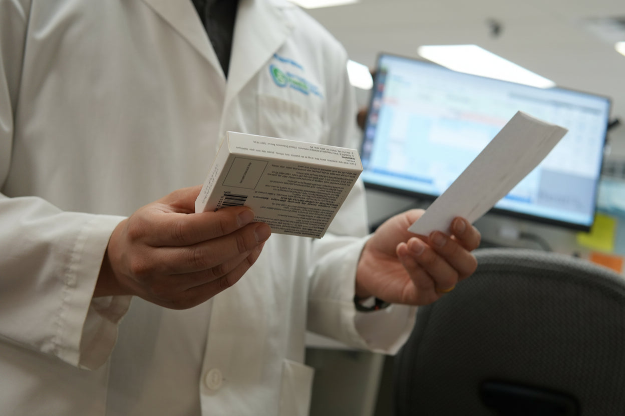OH Pharmacy pharmacist reviewing a medication box and printed prescription label at the pharmacy counter