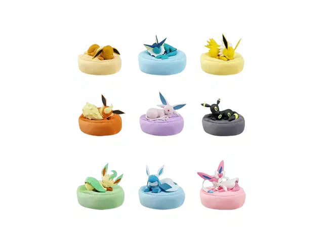 Pokémon Eeveelutions sleeping figure blind box collection featuring Eevee, Vaporeon, Jolteon, Flareon, Espeon, Umbreon, Leafeon, Glaceon and Sylveon.